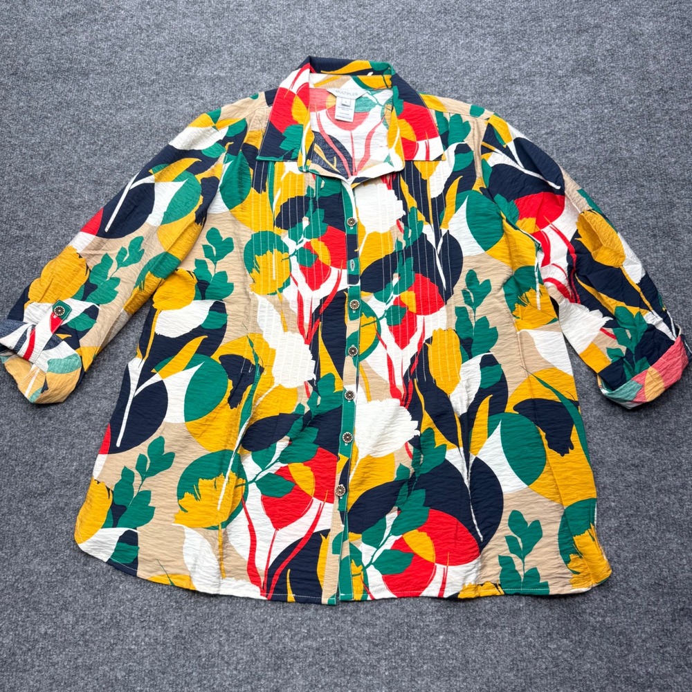Multiples Womens Small Floral Button Up Shirt Pintuck 3/4 Roll Tab Sleeve Multi